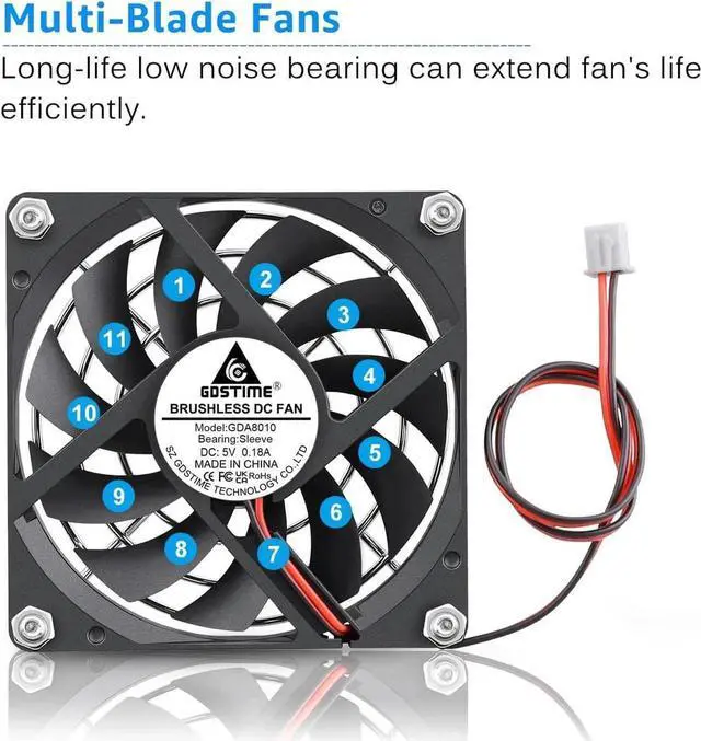 Alt view image 6 of 7 - Gdstime 80mm x 80mm x 10mm DC 5V Brushless Cooling Fan 2PIN