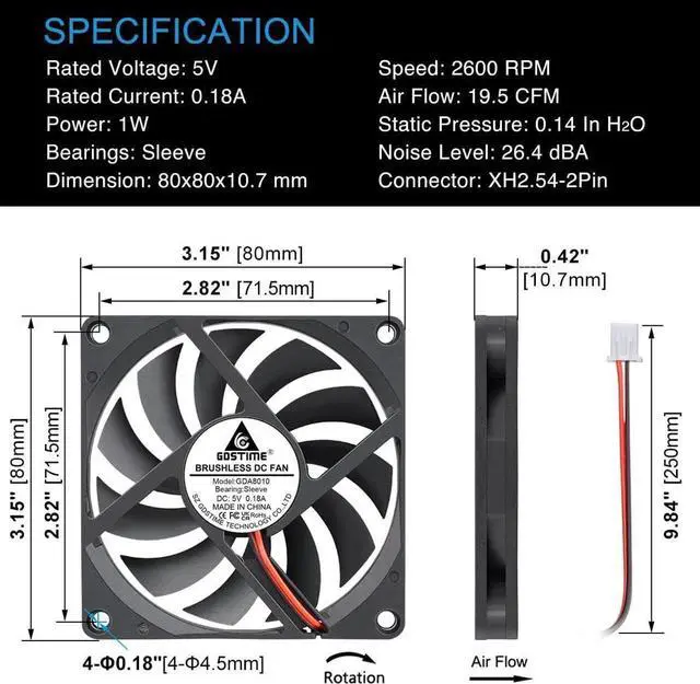 Alt view image 7 of 7 - Gdstime 80mm x 80mm x 10mm DC 5V Brushless Cooling Fan 2PIN