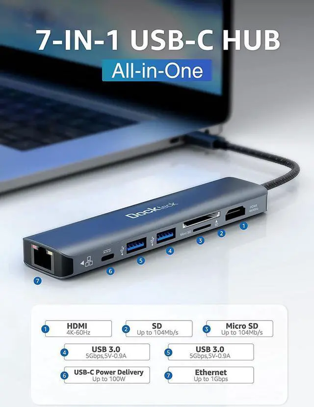 Alt view image 2 of 7 - dockteck 7-in-1 USB C Hub with 4K 60Hz HDMI, 1Gbps Ethernet, 100W Power Delivery, SD/TF Card Slots, USB 3.0 Data Ports for MacBook, iPad Pro, XPS