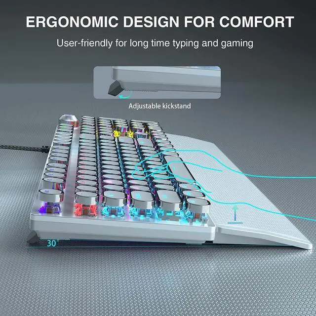 Alt view image 5 of 7 - AULA F2088 Typewriter Style Mechanical Gaming Keyboard,Rainbow LED Backlit,Removable Wrist Rest,Media Control Knob,Retro Punk Round Keycaps,USB Wired Computer Keyboard,White