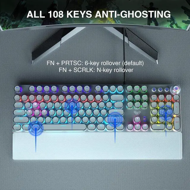 Alt view image 7 of 7 - AULA F2088 Typewriter Style Mechanical Gaming Keyboard,Rainbow LED Backlit,Removable Wrist Rest,Media Control Knob,Retro Punk Round Keycaps,USB Wired Computer Keyboard,White