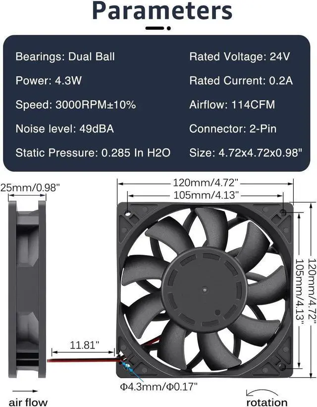 Alt view image 4 of 6 - GDSTIME 24V DC Brushless Cooling Fan, 120mm Case Fan, Dual Ball Bearings 120mm x 120mm x 25mm Cooler Fan