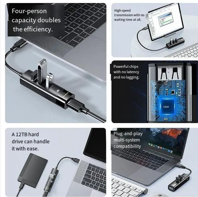 Alt view image 4 of 4 - Cross-border usb3.0 high-speed hub HUB 1 to 4 4-port laptop type-c docking station splitter 1.5 meters