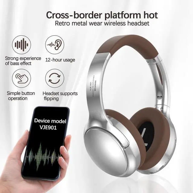 Alt view image 3 of 4 - Cross-border VJE901 wireless Bluetooth over-ear headphones Retro outfit sports metal telescopic headphones original manufacturer