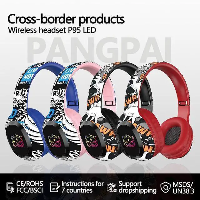 Alt view image 4 of 4 - Cross-border P95 foreign trade wireless over-ear headphones support telescopic card, bestseller Graffiti Bluetooth music headphones 5.3