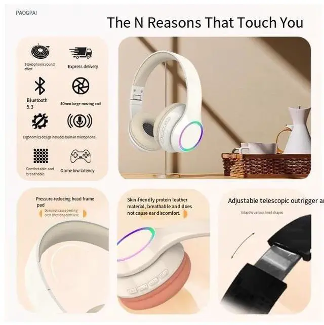 Alt view image 4 of 4 - Bestseller P102 wireless over-ear Bluetooth headphones LED lighting Game music Type-C Cross-border stock private model