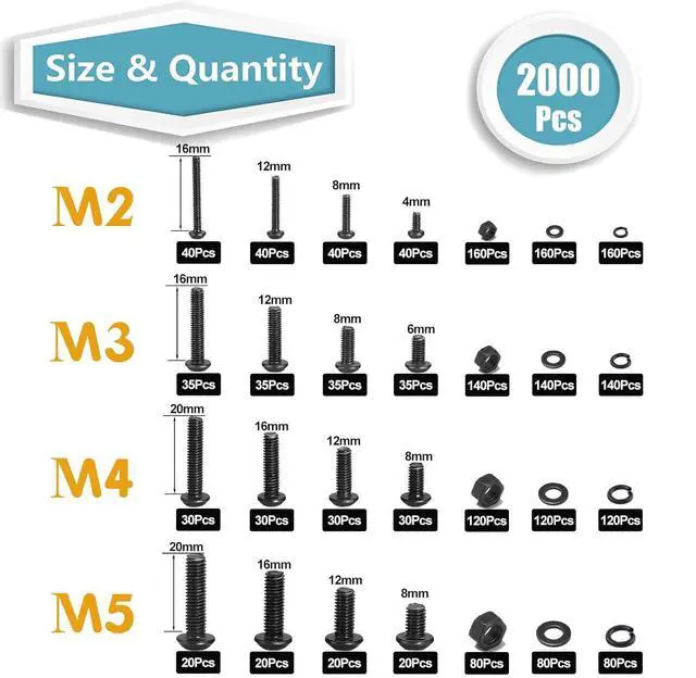 Alt view image 3 of 4 - 2000 metric bolt combination kit, M2, M3, M4, M5 screws with locks and flat washers,10.9 grade alloy steel
