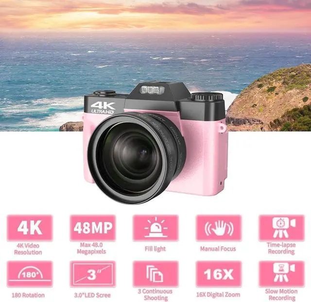 Alt view image 6 of 7 - VETEK Digital Cameras for Photography, 4K 48MP Vlogging Camera 16X Digital Zoom Manual Focus Students Compact Camera with 52mm Wide-Angle Lens & Macro Lens, 32G Micro Card and 2 Batteries (Pink)