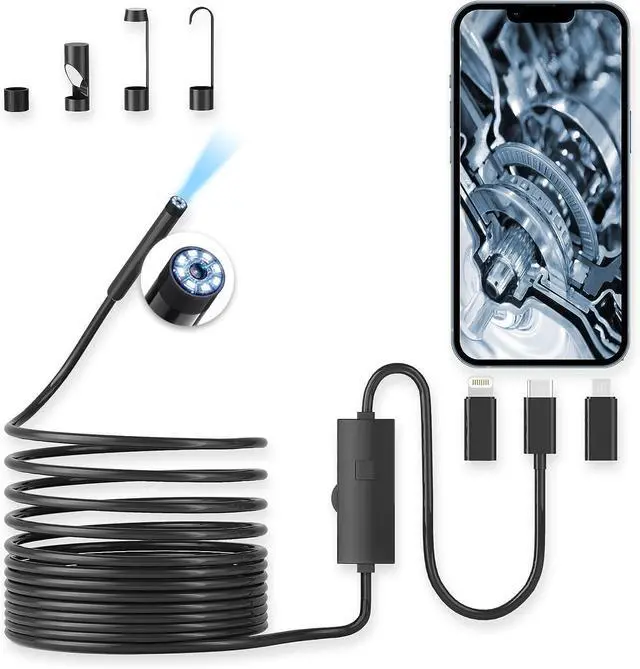 Main image of Endoscope Camera with Light, 1920P HD Borescope with 8 Adjustable LED Lights, 10ft Semi-Rigid Snake Cable, 7.9mm IP68 Waterproof Industrial Inspection Camera Compatible for Android, iPhone, iPad