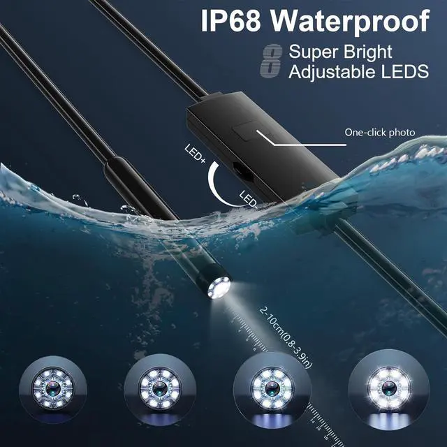 Alt view image 3 of 7 - Endoscope Camera with Light, 1920P HD Borescope with 8 Adjustable LED Lights, 10ft Semi-Rigid Snake Cable, 7.9mm IP68 Waterproof Industrial Inspection Camera Compatible for Android, iPhone, iPad