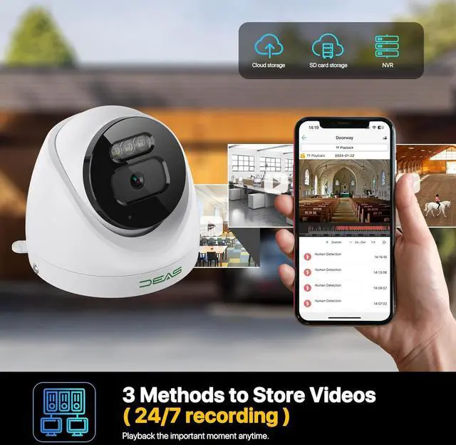 Alt view image 7 of 7 - 4K POE Camera Outdoor, IP Dome Wired Security Indoor Camera with Human/Vehicle Detection, 8MP HD Color Night Vision, Two Way Audio, Waterproof, 24/7 Recording, RTSP, ONVIF, Up to 512GB SD Card