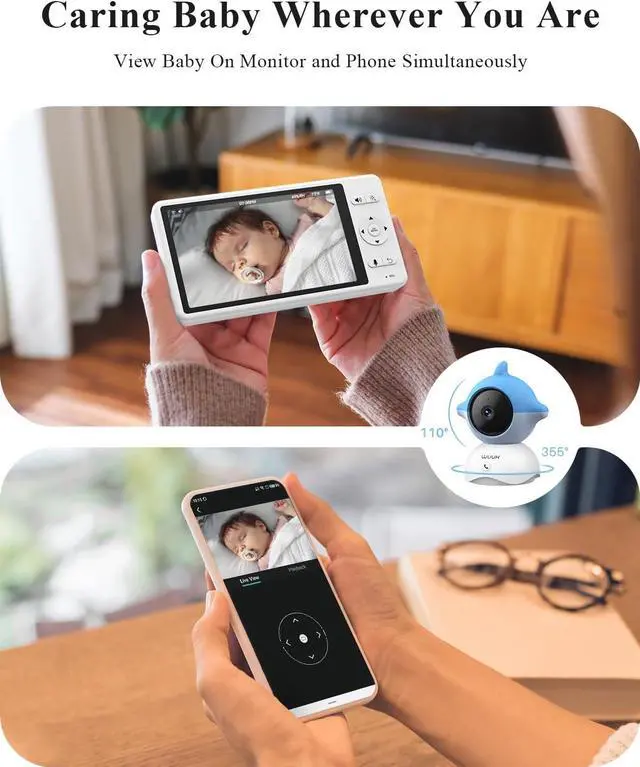 Alt view image 4 of 7 - 2K Video Baby Monitor, 5.5'' Baby Monitor with 360 PTZ Color Display with 135° Wide Angle, 3700mAh Battery, Ultra-clear Night Vision, Baby camera with App, Temper & Humidity Sensor, Cry Detection
