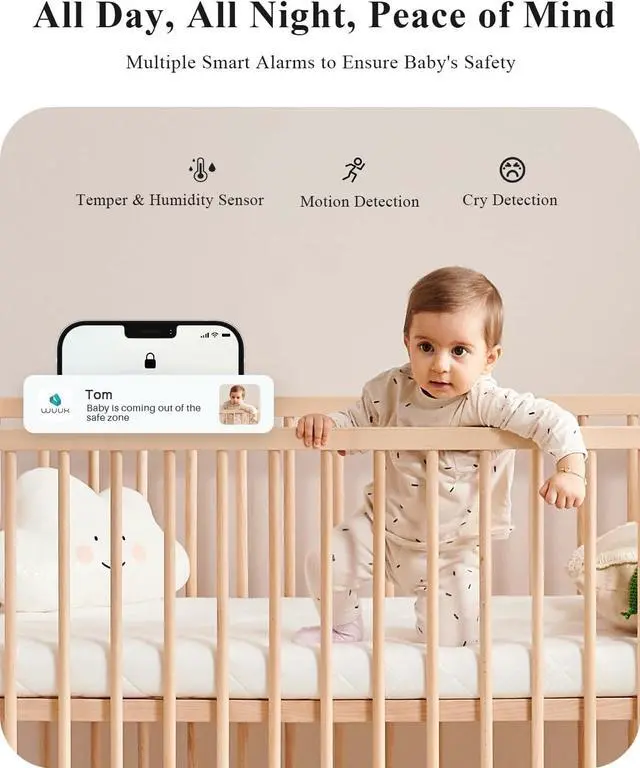 Alt view image 5 of 7 - 2K Video Baby Monitor, 5.5'' Baby Monitor with 360 PTZ Color Display with 135° Wide Angle, 3700mAh Battery, Ultra-clear Night Vision, Baby camera with App, Temper & Humidity Sensor, Cry Detection