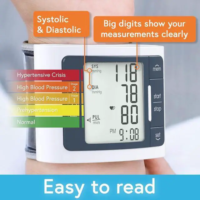 Alt view image 2 of 6 - Blood Pressure Monitor Wrist for Home Use, FSA HSA Eligible, Heart Rate Monitor & Large Blood Pressure Wrist Cuff, Large LCD Display, Colored AHA Indicator