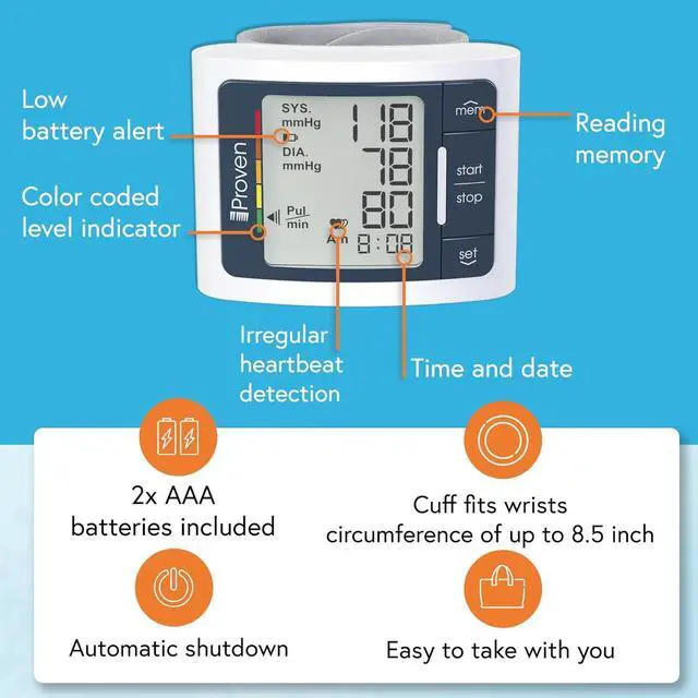 Alt view image 3 of 6 - Blood Pressure Monitor Wrist for Home Use, FSA HSA Eligible, Heart Rate Monitor & Large Blood Pressure Wrist Cuff, Large LCD Display, Colored AHA Indicator