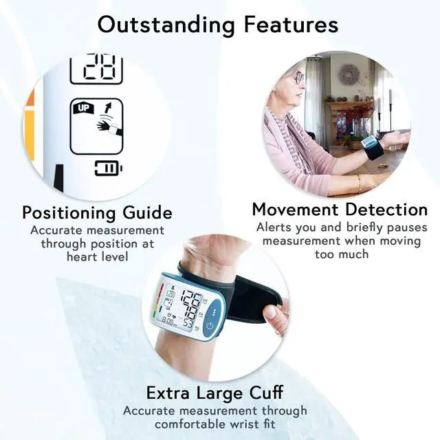 Alt view image 2 of 6 - Blood Pressure Monitor Wrist for Home Use, FSA HSA Eligible, Large Blood Pressure Wrist Cuff, Real-Time BP Reading with Wrist Guide Indicator, Movement Sensor & Backlight