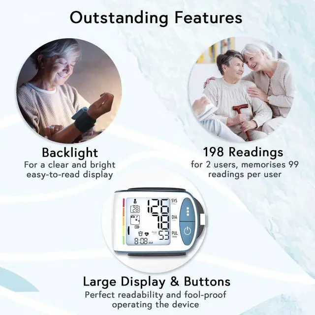 Alt view image 3 of 6 - Blood Pressure Monitor Wrist for Home Use, FSA HSA Eligible, Large Blood Pressure Wrist Cuff, Real-Time BP Reading with Wrist Guide Indicator, Movement Sensor & Backlight