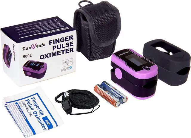 Alt view image 6 of 7 - Fingertip Pulse Oximeter Oximetry Blood Oxygen Saturation Monitor with Silicon Cover, Batteries and Lanyard (Mystic Purple)