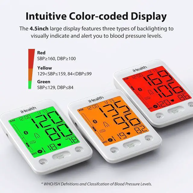 Alt view image 3 of 7 - Blood Pressure Monitor with Color-Coded LCD, Body Movement Detection, Wrap Indicator, Bluetooth Cloud Storage, Adjustable Large Adult Cuff, Dual User Functionality for Home Use
