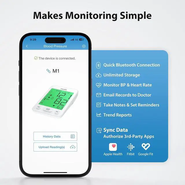 Alt view image 4 of 7 - Blood Pressure Monitor with Color-Coded LCD, Body Movement Detection, Wrap Indicator, Bluetooth Cloud Storage, Adjustable Large Adult Cuff, Dual User Functionality for Home Use