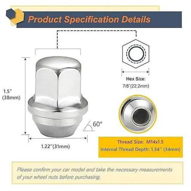 Alt view image 6 of 7 - Kadrick 20Pcs M14x1.5 Lug Nuts,Fit 2008-2019 Cadillac CTS/2018-2022 Jeep Wrangler/2012-2021 Ram 1500/Tesla Model 3/X/S,Acorn Seat One-Piece Solid Chrome,Anti-Rust Updated,5 Lug Aftermarket Wheels