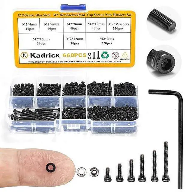 Main image of Kadrick Metric Screw Assortment, 660 Pcs M2 Screws, M2*4mm/6mm/8mm/10mm/12mm/16mm,12.9 Grade Alloy Steel, Metric Hex Socket Head Cap Screws Nuts Washers Kit, Black Zinc Plated Anti Rust Upgrade