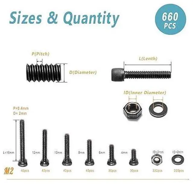 Alt view image 6 of 6 - Kadrick Metric Screw Assortment, 660 Pcs M2 Screws, M2*4mm/6mm/8mm/10mm/12mm/16mm,12.9 Grade Alloy Steel, Metric Hex Socket Head Cap Screws Nuts Washers Kit, Black Zinc Plated Anti Rust Upgrade