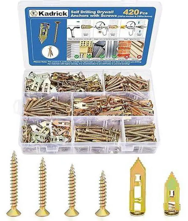 Main image of Kadrick 420Pcs Self Drilling Drywall Anchors with Screws Assortment,Zinc Plated,2025 Upgraded Hollow Wall 2 Sizes Anchors and 4 Sizes Screws Kit, Easy Application No Drill or Holes in Wall