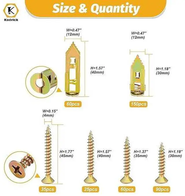 Alt view image 2 of 6 - Kadrick 420Pcs Self Drilling Drywall Anchors with Screws Assortment,Zinc Plated,2025 Upgraded Hollow Wall 2 Sizes Anchors and 4 Sizes Screws Kit, Easy Application No Drill or Holes in Wall