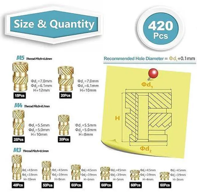 Alt view image 5 of 6 - Kadrick 3-in-1 3D Printing Component Kit: Threaded Inserts, Heat Set Insert Tool, and M3 Screws Nuts Washers Assortment