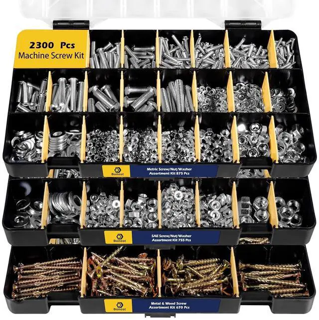 Main image of 2300 Pieces Hardware Assortment Kit - Metric & SAE Machine Screw Assortment Kit with Assorted Nuts, Bolts, and Washers (3 Trays)