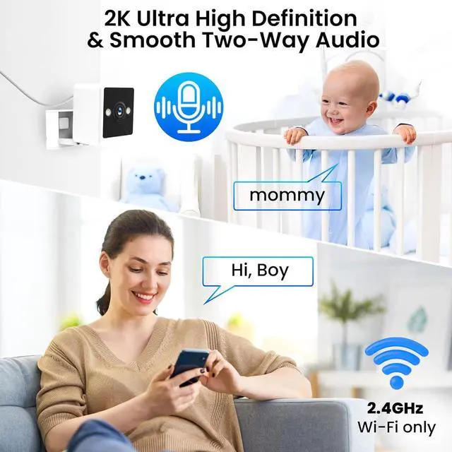 Alt view image 7 of 7 - Indoor Camera, 2K Cameras for Home Security with Color Night Vision & Siren, 2-Way Audio for Pet/Dog/Baby/Nanny, 2.4GHz WiFi Camera, Cloud & SD Card Storage, Works w/Alexa, Magnetic Base