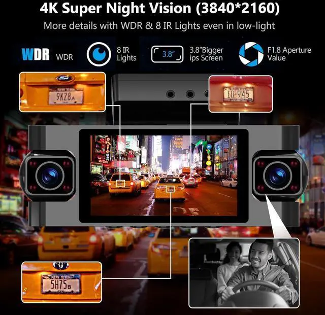 Alt view image 5 of 7 - 4 Channel Dash Cam 360° View,4K Front Rear Inside Dashcam,Left Right Dash Camera for Cars,Built-in GPS, 5G WiFi,Voice Control,Night Vision, 24/7 Recording Parking Mode Monitor, Free 128G Card