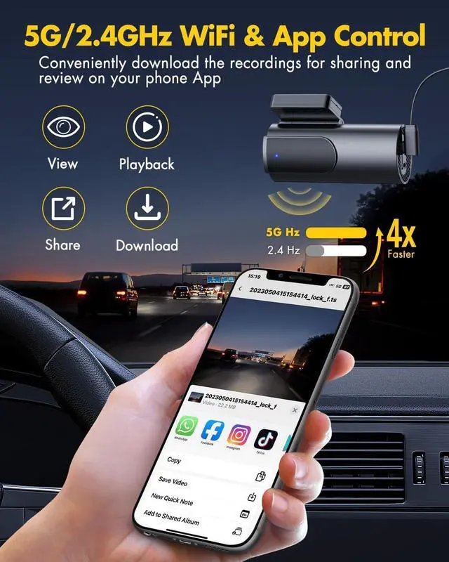 Alt view image 2 of 6 - GKU Dash Cam Front and Rear Camera  4K+1080P Dual Dash Camera for Cars with 64GB SD Card, 5GHz WiFi & App Control, Night Vision, Parking Mode, G-Sensor, Loop Recording, WDR, 170° Wide Angle