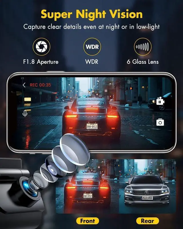 Alt view image 3 of 6 - GKU Dash Cam Front and Rear Camera  4K+1080P Dual Dash Camera for Cars with 64GB SD Card, 5GHz WiFi & App Control, Night Vision, Parking Mode, G-Sensor, Loop Recording, WDR, 170° Wide Angle