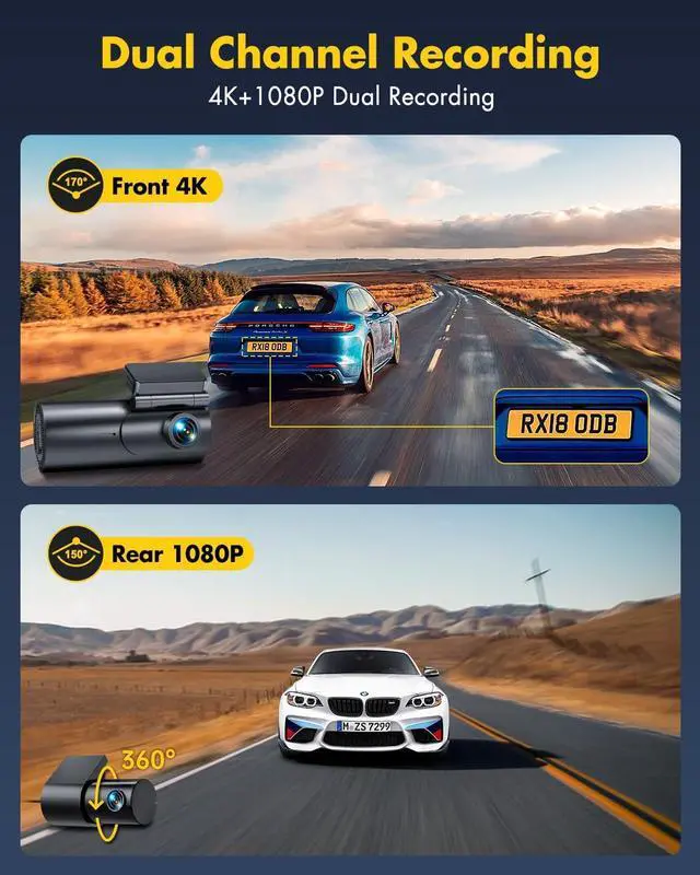 Alt view image 4 of 6 - GKU Dash Cam Front and Rear Camera  4K+1080P Dual Dash Camera for Cars with 64GB SD Card, 5GHz WiFi & App Control, Night Vision, Parking Mode, G-Sensor, Loop Recording, WDR, 170° Wide Angle