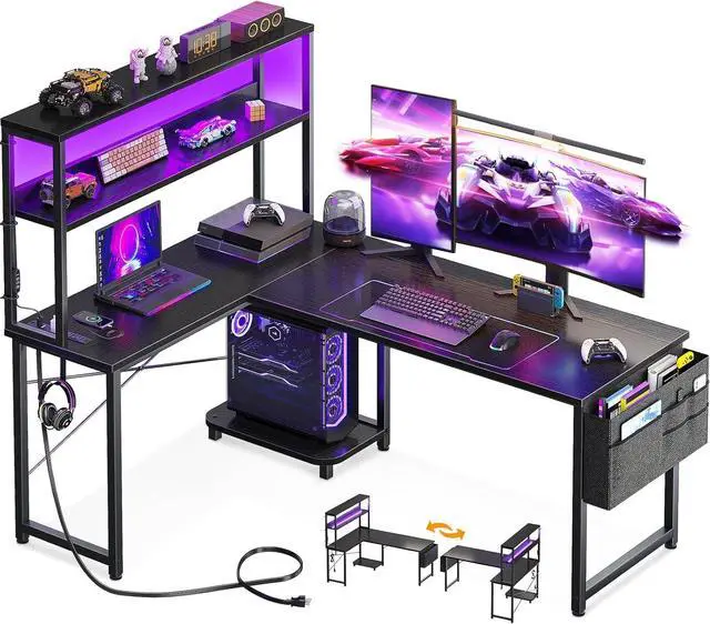 Main image of AODK L Shaped Desk Gaming Desk with LED Light & Power Outlet, 53 Inch Reversible L Shaped Computer Table with Shelf & Storage Bag & Hook for Home Office, Black