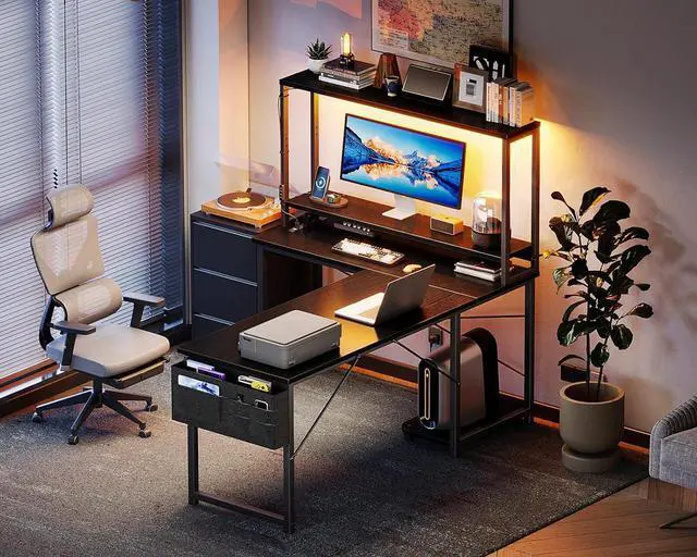 Alt view image 5 of 7 - AODK L Shaped Desk Gaming Desk with LED Light & Power Outlet, 53 Inch Reversible L Shaped Computer Table with Shelf & Storage Bag & Hook for Home Office, Black