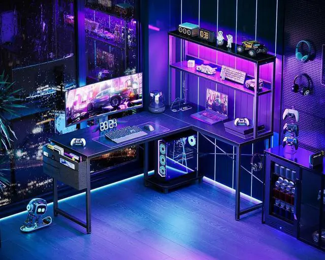 Alt view image 6 of 7 - AODK L Shaped Desk Gaming Desk with LED Light & Power Outlet, 53 Inch Reversible L Shaped Computer Table with Shelf & Storage Bag & Hook for Home Office, Black