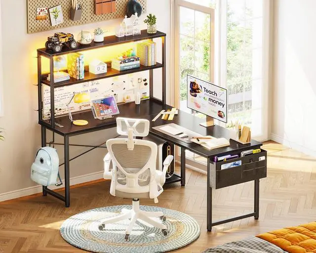 Alt view image 7 of 7 - AODK L Shaped Desk Gaming Desk with LED Light & Power Outlet, 53 Inch Reversible L Shaped Computer Table with Shelf & Storage Bag & Hook for Home Office, Black
