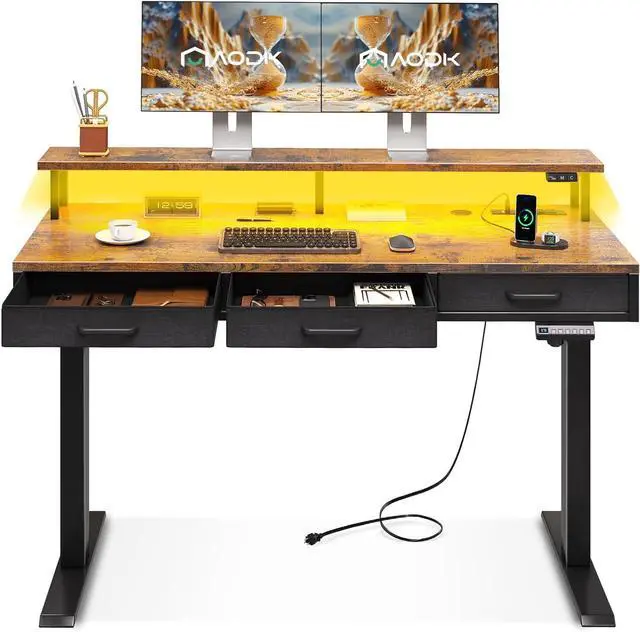 Main image of AODK Electric Standing Desk with Drawers, 55 Inch Height Adjustable Gaming Desk with Power Outlets & LED Lights, Sit Stand Table with Monitor Stand for Home, Office, Workstation, Rustic Brown