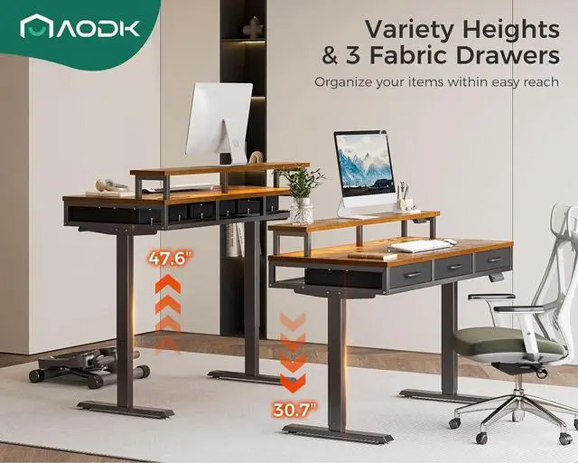 Alt view image 2 of 7 - AODK Electric Standing Desk with Drawers, 55 Inch Height Adjustable Gaming Desk with Power Outlets & LED Lights, Sit Stand Table with Monitor Stand for Home, Office, Workstation, Rustic Brown