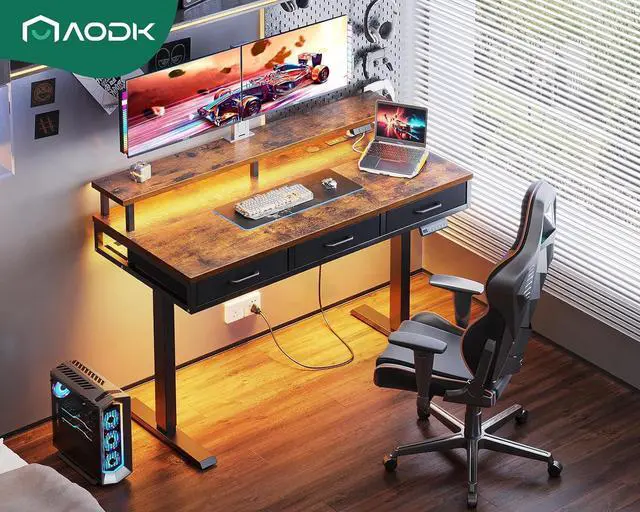 Alt view image 5 of 7 - AODK Electric Standing Desk with Drawers, 55 Inch Height Adjustable Gaming Desk with Power Outlets & LED Lights, Sit Stand Table with Monitor Stand for Home, Office, Workstation, Rustic Brown