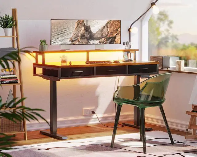 Alt view image 4 of 7 - AODK Electric Standing Desk with Drawers, 55 Inch Height Adjustable Gaming Desk with Power Outlets & LED Lights, Sit Stand Table with Monitor Stand for Home, Office, Workstation, Rustic Brown