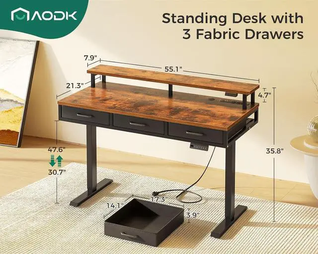 Alt view image 3 of 7 - AODK Electric Standing Desk with Drawers, 55 Inch Height Adjustable Gaming Desk with Power Outlets & LED Lights, Sit Stand Table with Monitor Stand for Home, Office, Workstation, Rustic Brown