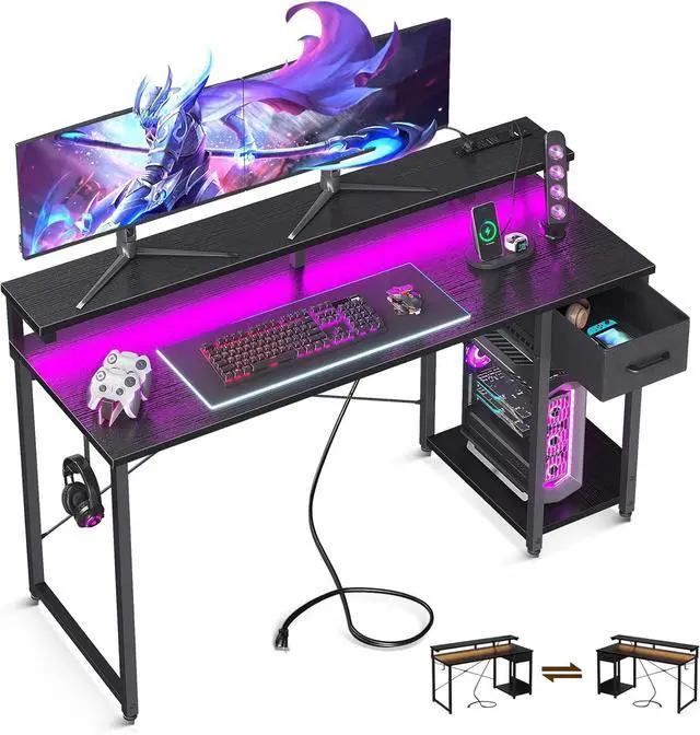 Main image of AODK Gaming Desk with LED Lights & Power Outlet, 55 Inch Computer Desk with Drawer, Reversible Desk with Adjustable Monitor Stand & Headphone Hook for Home Office, Black