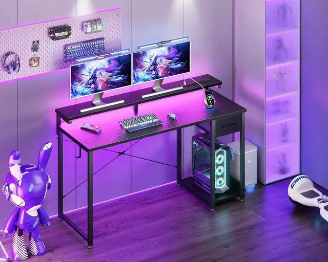 Alt view image 2 of 6 - AODK Gaming Desk with LED Lights & Power Outlet, 55 Inch Computer Desk with Drawer, Reversible Desk with Adjustable Monitor Stand & Headphone Hook for Home Office, Black