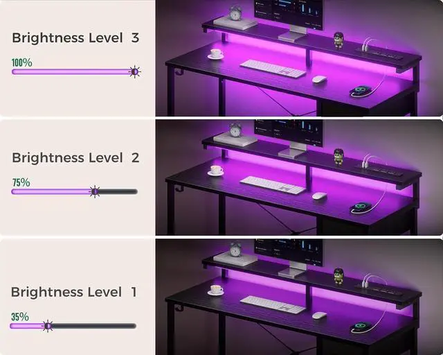 Alt view image 3 of 6 - AODK Gaming Desk with LED Lights & Power Outlet, 55 Inch Computer Desk with Drawer, Reversible Desk with Adjustable Monitor Stand & Headphone Hook for Home Office, Black
