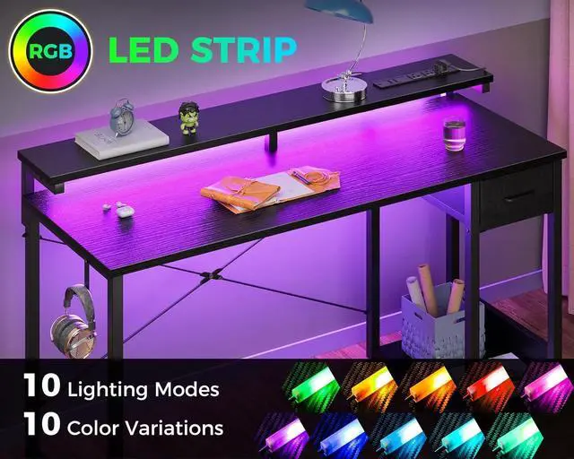 Alt view image 4 of 6 - AODK Gaming Desk with LED Lights & Power Outlet, 55 Inch Computer Desk with Drawer, Reversible Desk with Adjustable Monitor Stand & Headphone Hook for Home Office, Black