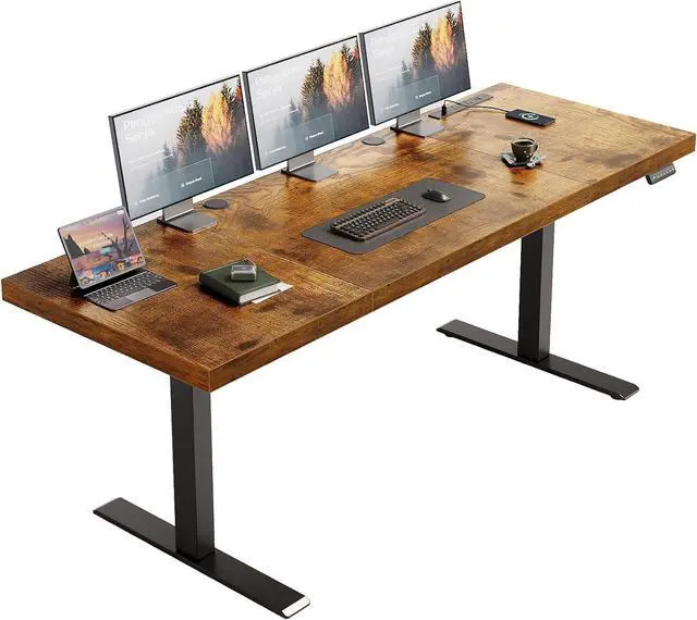 Main image of OffiGo Electric Standing Desk with 3-Piece Board, 71 Inch Height Adjustable Large Desk with Power Outlets, Sit Stand Table, Writing Computer Desk for Home, Office, Workstation, Rustic Brown